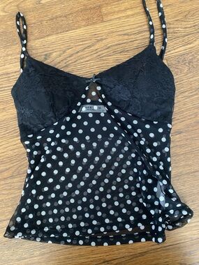 Polka Dot Lace-Trim Cami Tank Top - Black